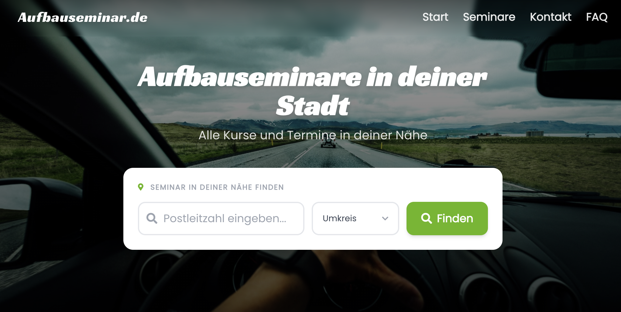 Startseite von Aufbauseminar.de mit PLZ-Suche für Aufbauseminare in der Nähe
